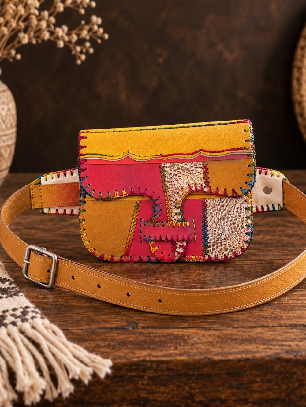 Handmade Patchwork Leather Convertible Waist Shoulder Bag Boho⁸